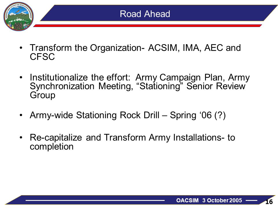 Road Ahead Transform the Organization- ACSIM, IMA, AEC and CFSC.