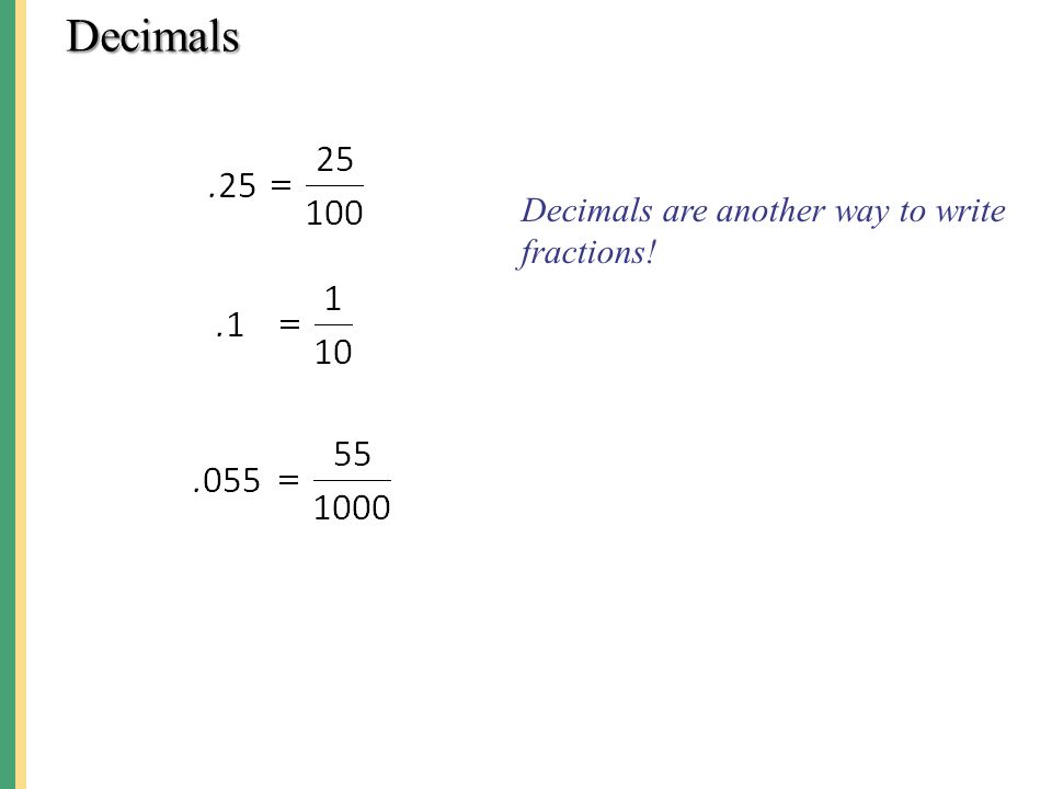 Decimals Decimals are another way to write fractions!