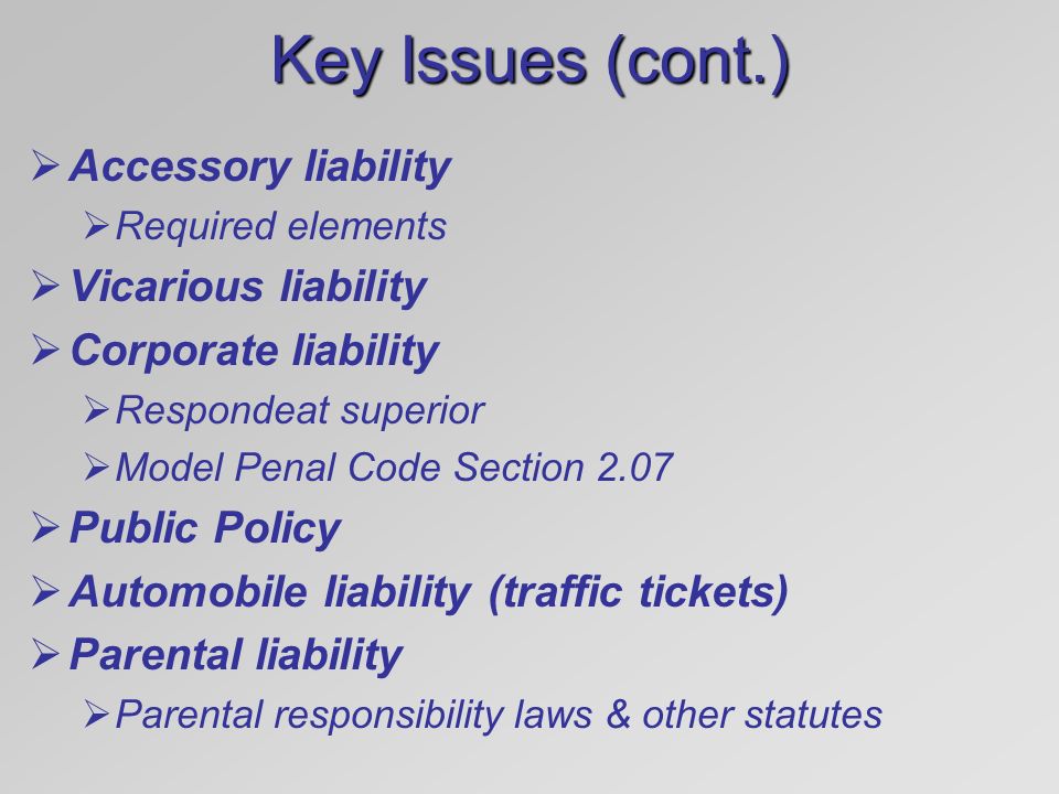 Key Issues (cont.) Accessory liability Vicarious liability