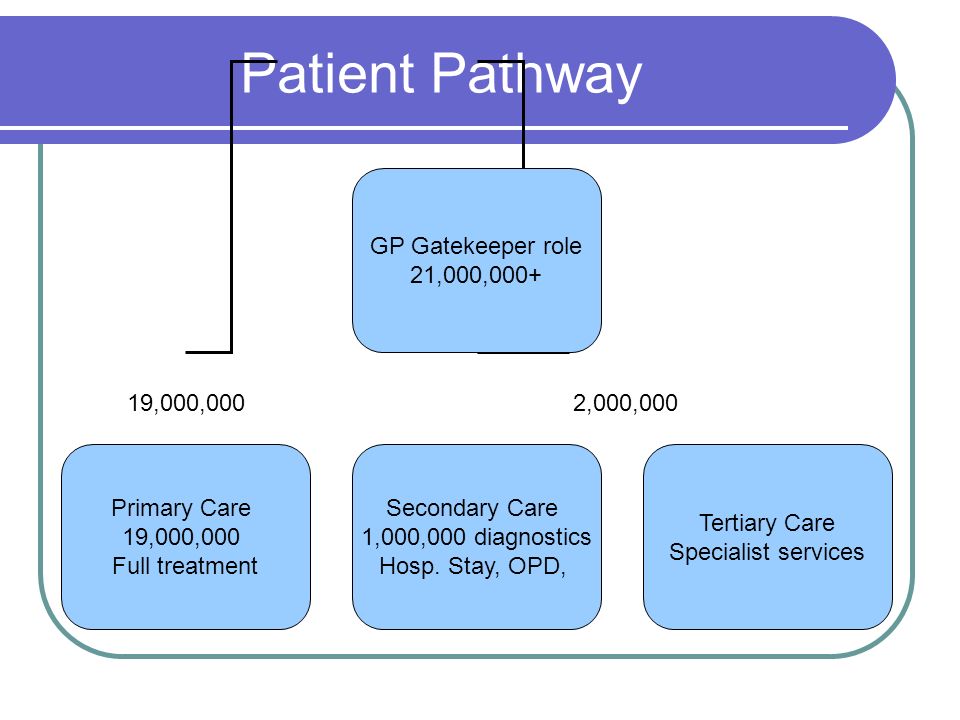 Patient Pathway GP Gatekeeper role 21,000,000+ Primary Care 19,000,000