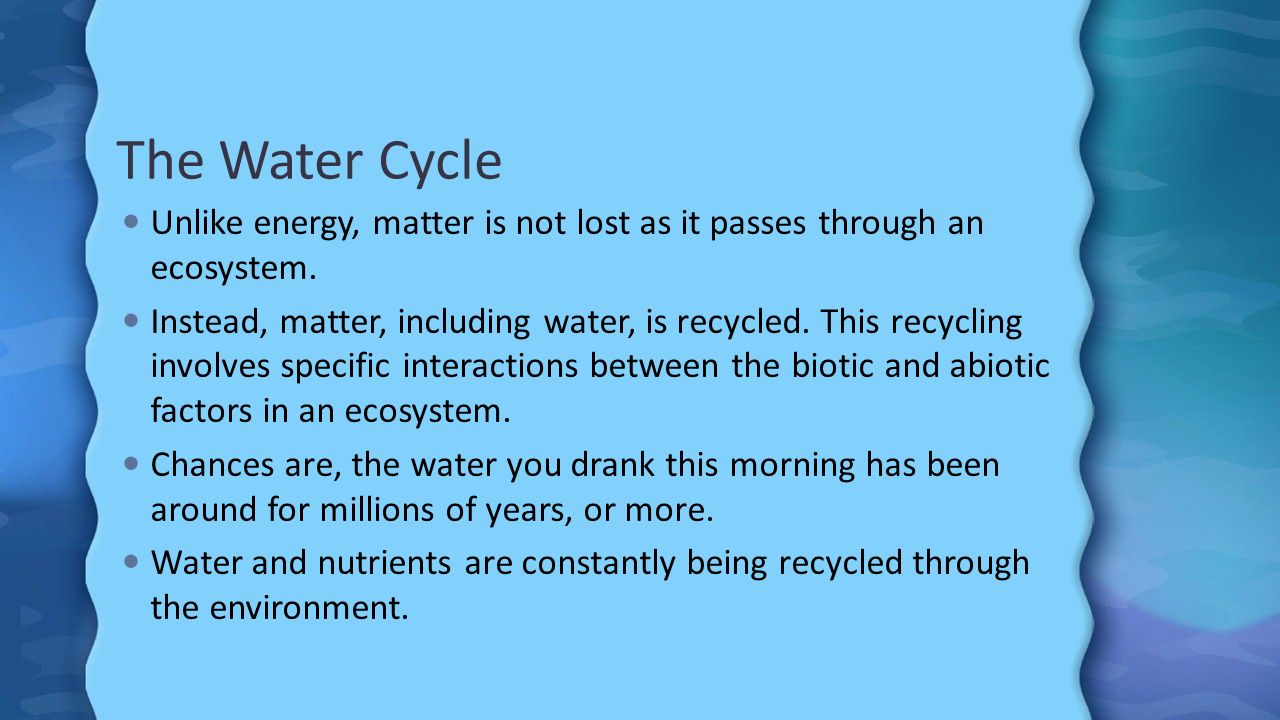 The Water Cycle Unlike energy, matter is not lost as it passes through an ecosystem.
