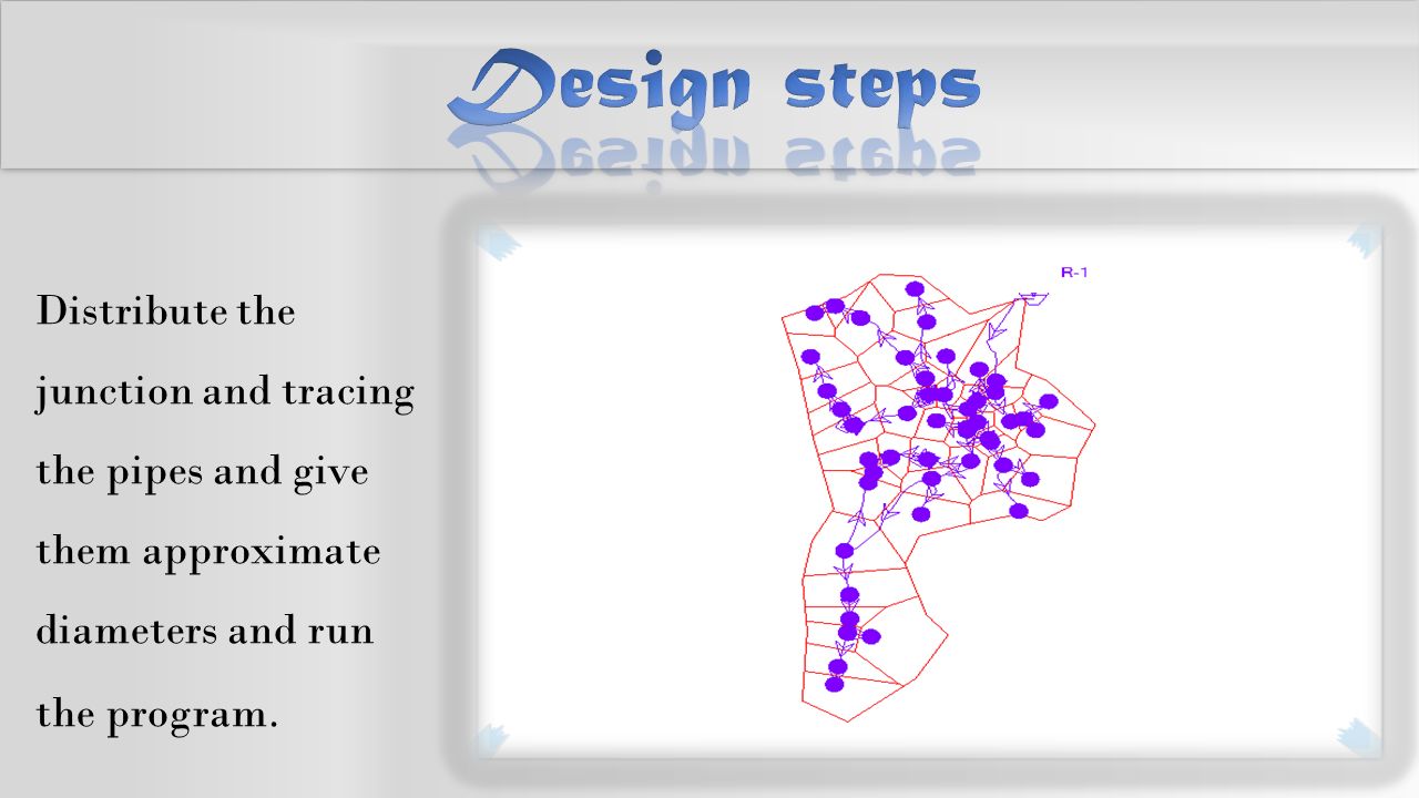 Design steps Distribute the junction and tracing the pipes and give them approximate diameters and run the program.