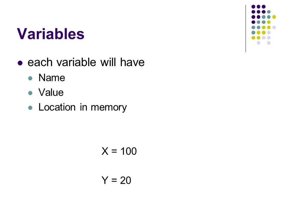 Variables each variable will have Name Value Location in memory
