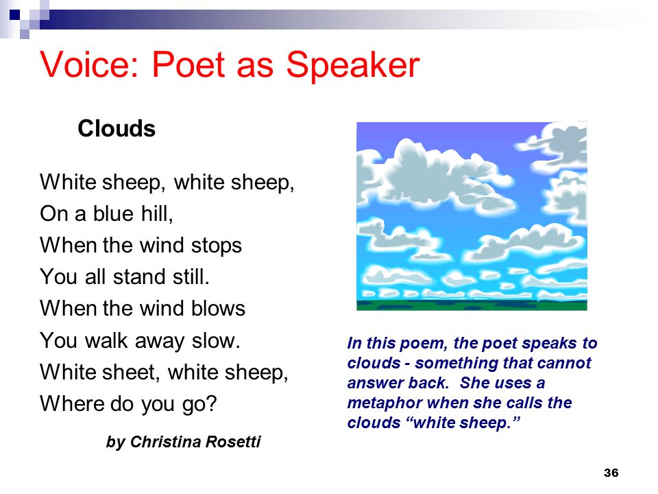 Voice: Poet as Speaker Clouds White sheep, white sheep,
