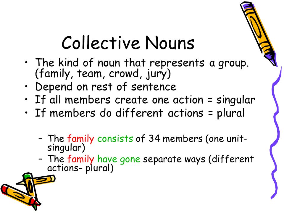 Collective Nouns The kind of noun that represents a group. (family, team, crowd, jury) Depend on rest of sentence.