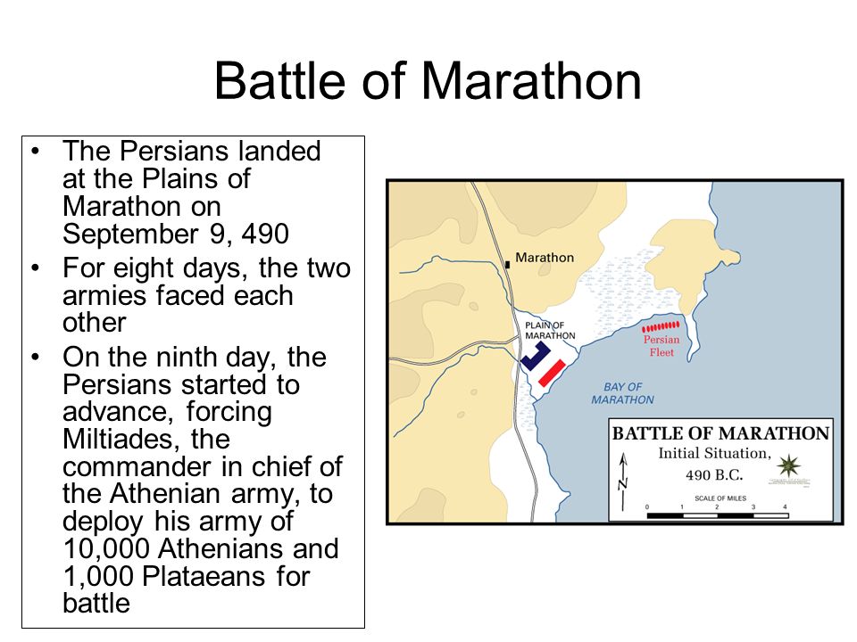 Battle of Marathon The Persians landed at the Plains of Marathon on September 9, 490. For eight days, the two armies faced each other.