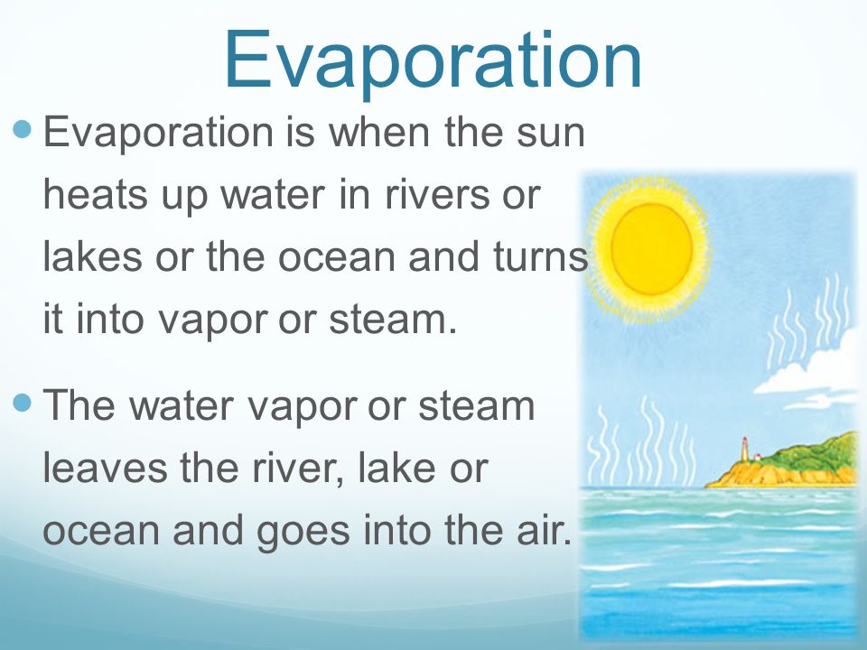 Evaporation Evaporation is when the sun heats up water in rivers or lakes or the ocean and turns it into vapor or steam.