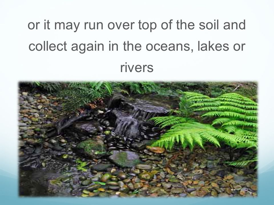 or it may run over top of the soil and collect again in the oceans, lakes or rivers