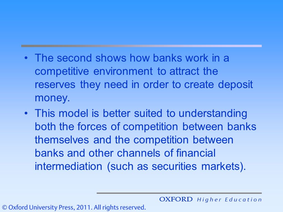 The second shows how banks work in a competitive environment to attract the reserves they need in order to create deposit money.