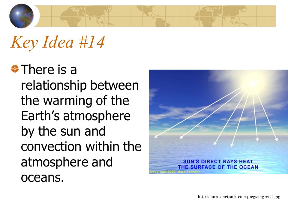 Key Idea #14 There is a relationship between the warming of the Earth’s atmosphere by the sun and convection within the atmosphere and oceans.