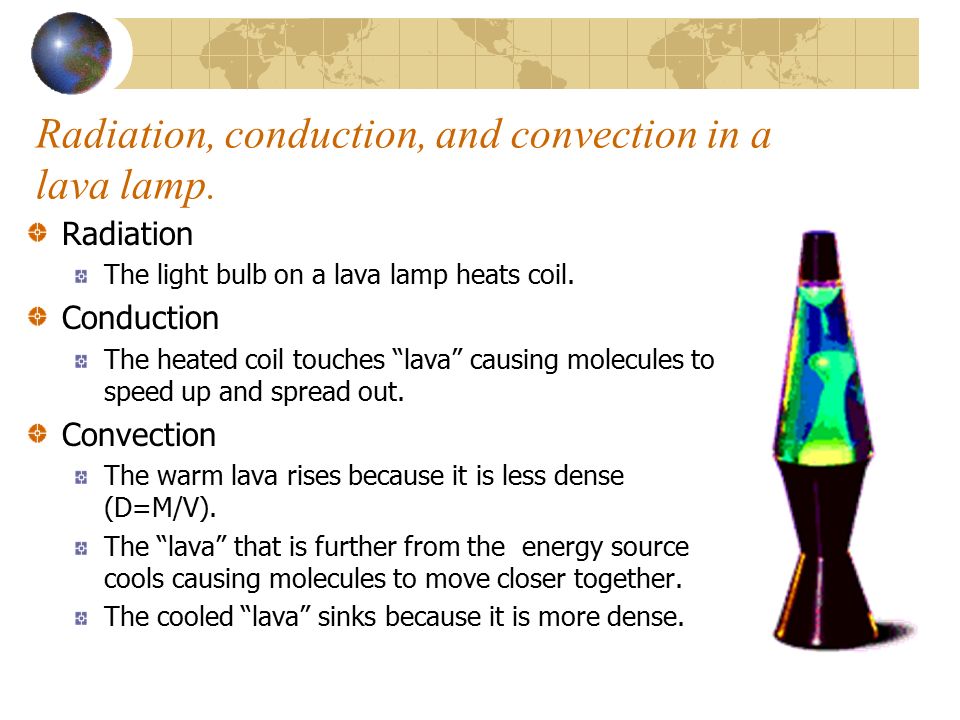 Radiation, conduction, and convection in a lava lamp.