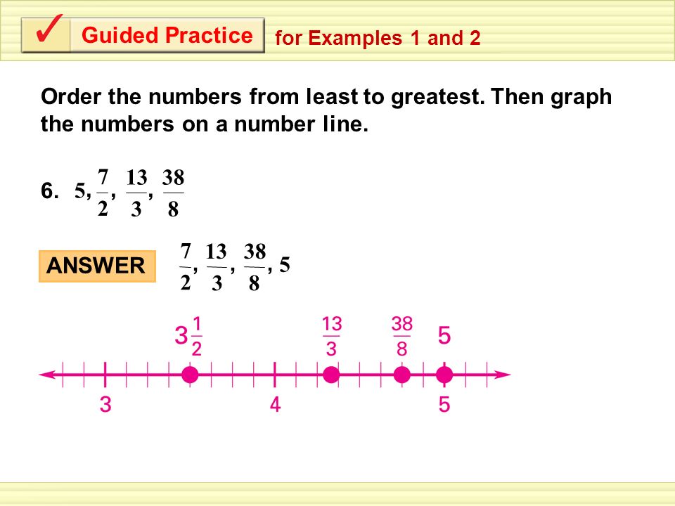 Guided Practice for Examples 1 and 2. Order the numbers from least to greatest. Then graph the numbers on a number line.