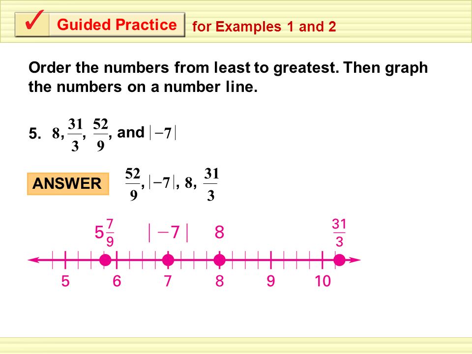 Guided Practice for Examples 1 and 2. Order the numbers from least to greatest. Then graph the numbers on a number line.
