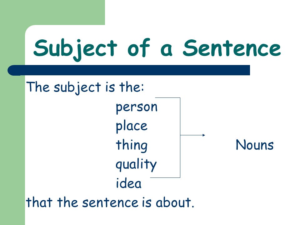Subject of a Sentence The subject is the: person place thing Nouns.