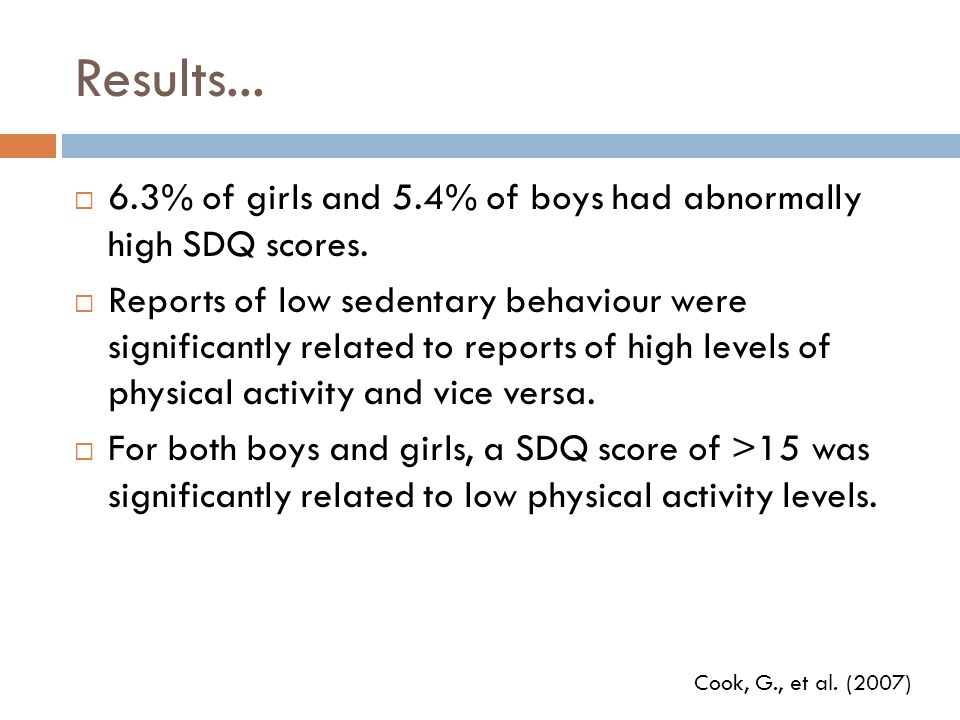 Results % of girls and 5.4% of boys had abnormally high SDQ scores.