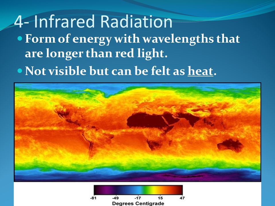 4- Infrared Radiation Form of energy with wavelengths that are longer than red light.