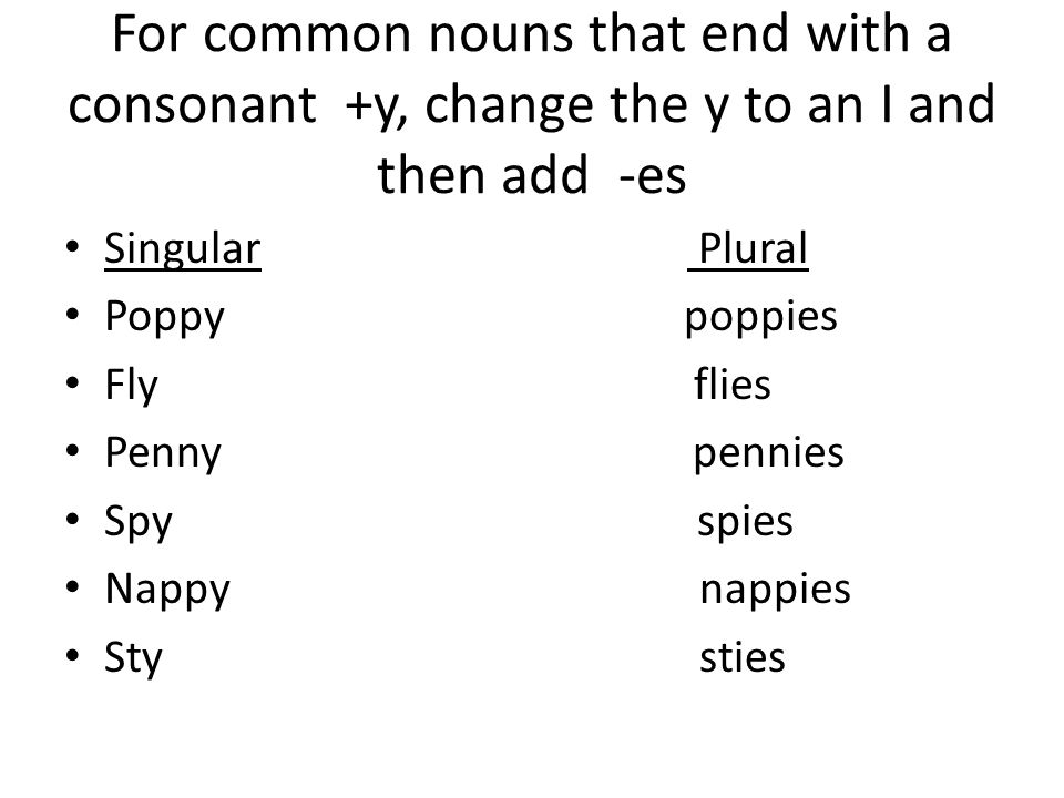 For common nouns that end with a consonant +y, change the y to an I and then add -es
