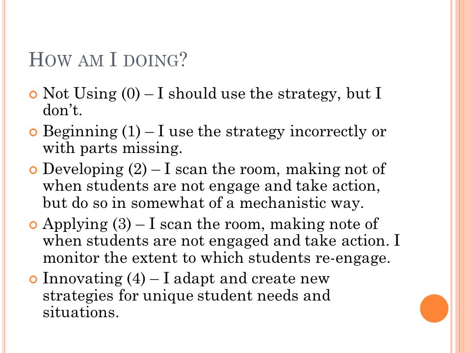 How am I doing Not Using (0) – I should use the strategy, but I don’t. Beginning (1) – I use the strategy incorrectly or with parts missing.