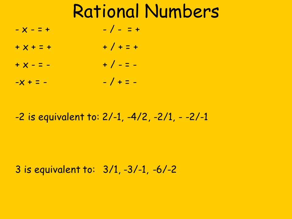 Rational Numbers x - = + - / - = + + x + = + + / + = +