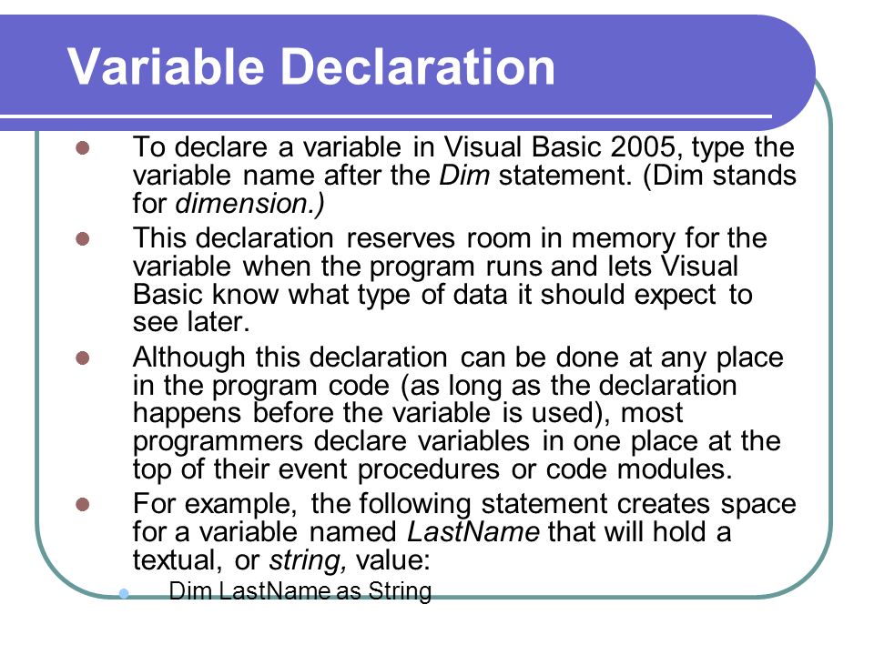 Visual basic dim statement