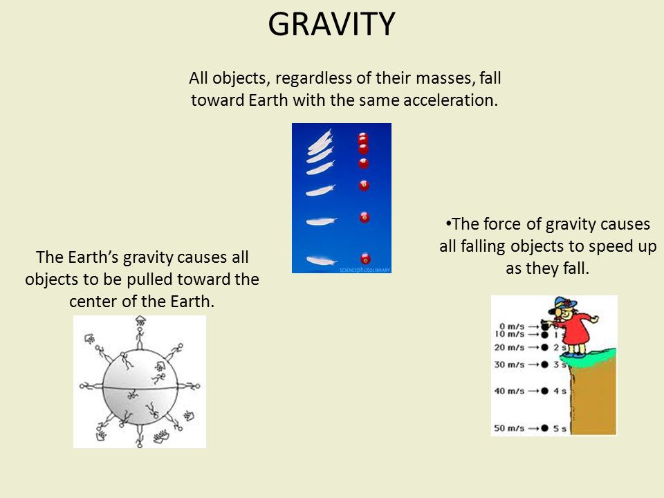 GRAVITY All objects, regardless of their masses, fall toward Earth with the same acceleration.