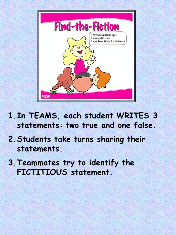 In TEAMS, each student WRITES 3 statements: two true and one false.