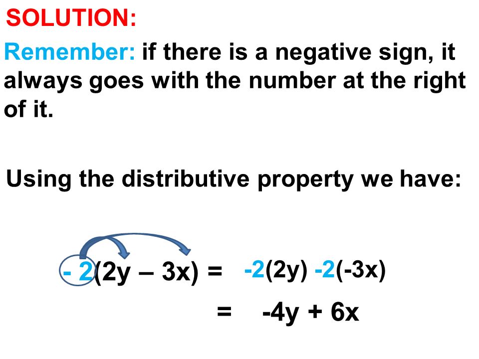 - 2(2y – 3x) = = -4y + 6x SOLUTION:
