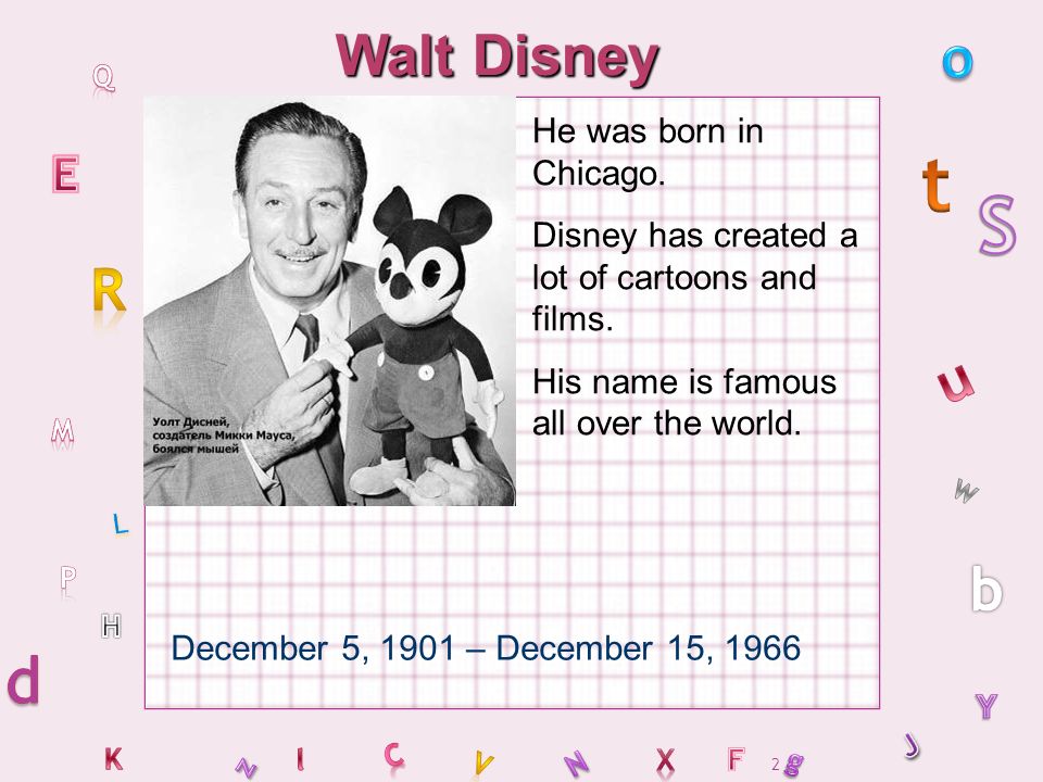 Имя уолта диснея. Walt Disney Company компания Уолта Диснея. Уолт Дисней на английском. Дисней презентация. День рождения Уолта Диснея.