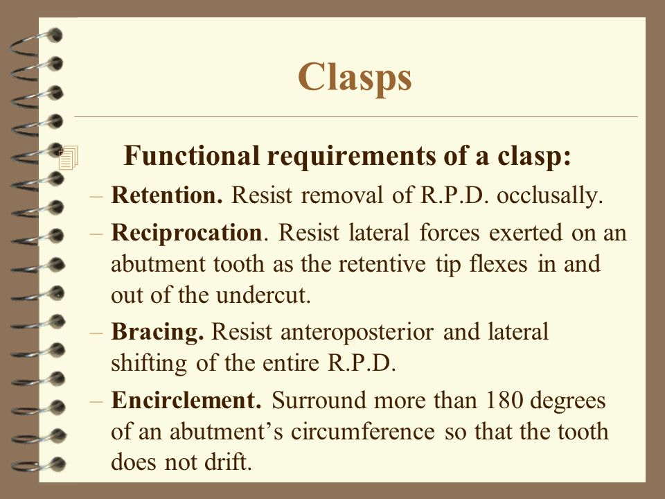 Clasps Functional requirements of a clasp: