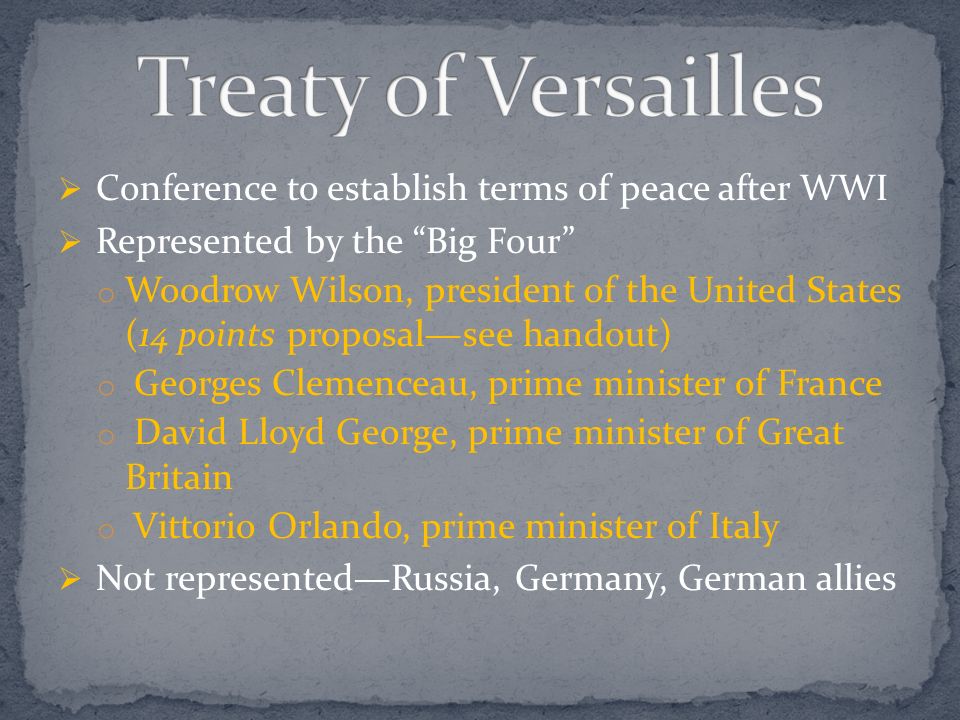 Treaty of Versailles Conference to establish terms of peace after WWI