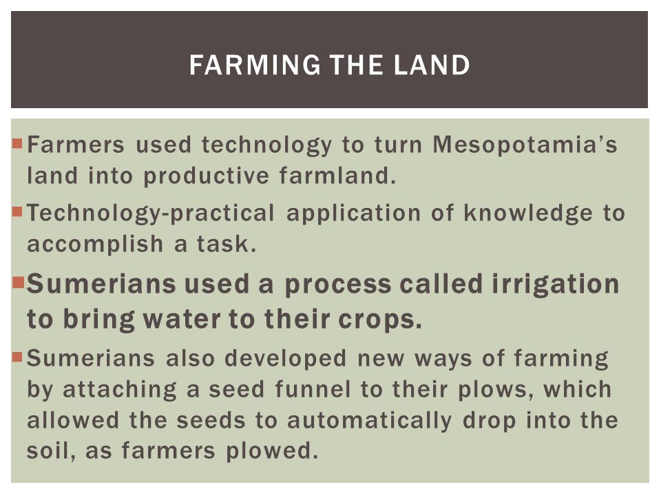 FARMING THE LAND Farmers used technology to turn Mesopotamia’s land into productive farmland.