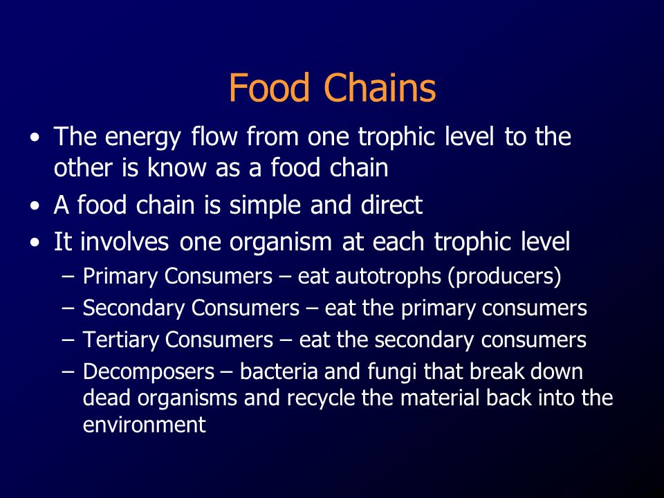 Food Chains The energy flow from one trophic level to the other is know as a food chain. A food chain is simple and direct.