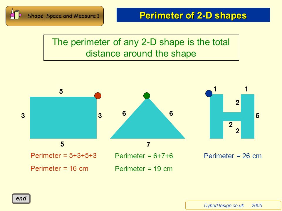 The perimeter of any 2-D shape is the total distance around the shape