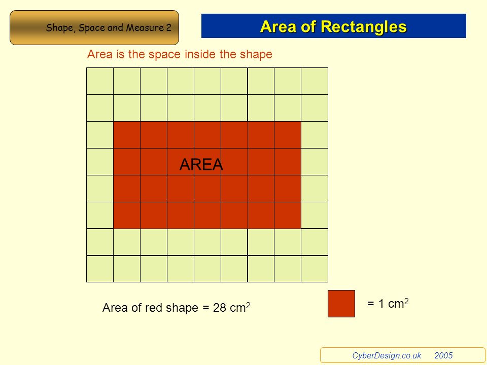 Area of Rectangles AREA Area is the space inside the shape Area