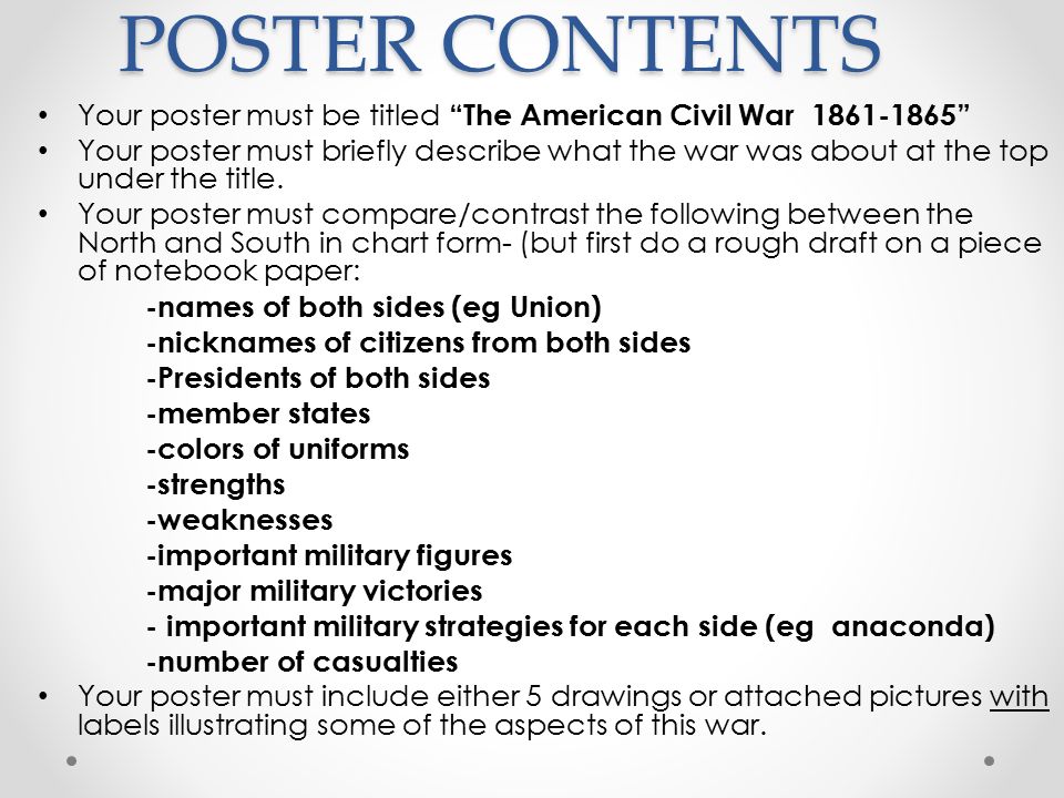 POSTER CONTENTS Your poster must be titled The American Civil War