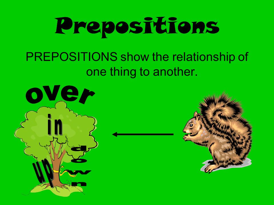 PREPOSITIONS show the relationship of one thing to another.
