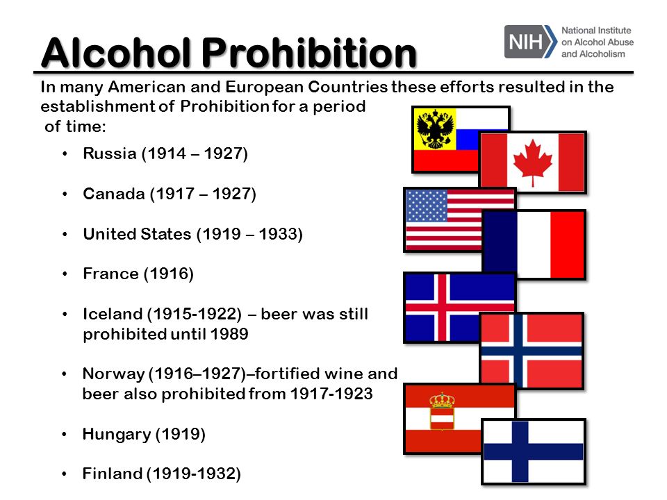 Alcohol Prohibition In many American and European Countries these efforts resulted in the establishment of Prohibition for a period.