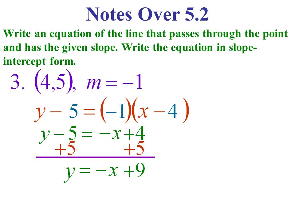 Notes Over 5.2 Write an equation of the line that passes through the point and has the given slope.
