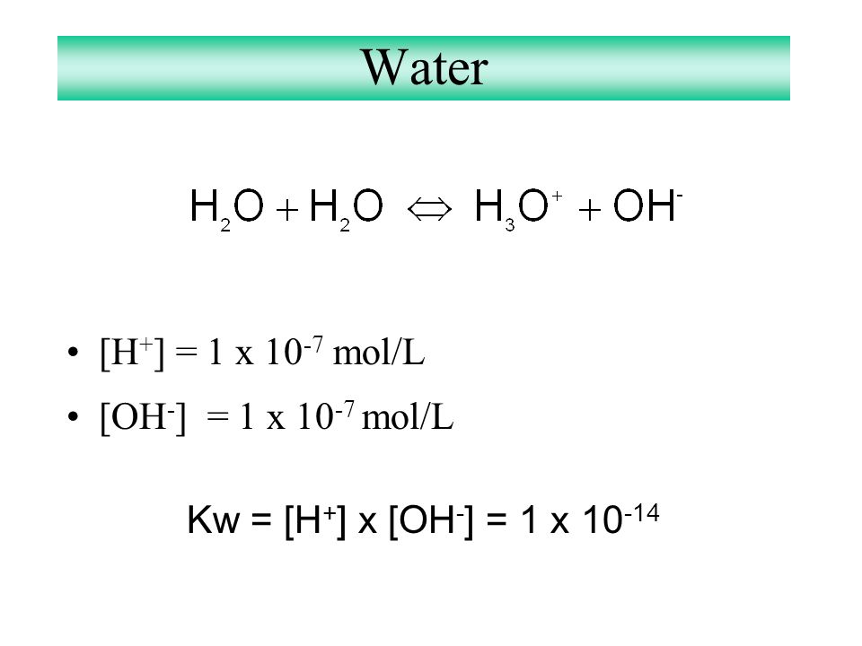 Water [H+] = 1 x 10-7 mol/L [OH-] = 1 x 10-7 mol/L