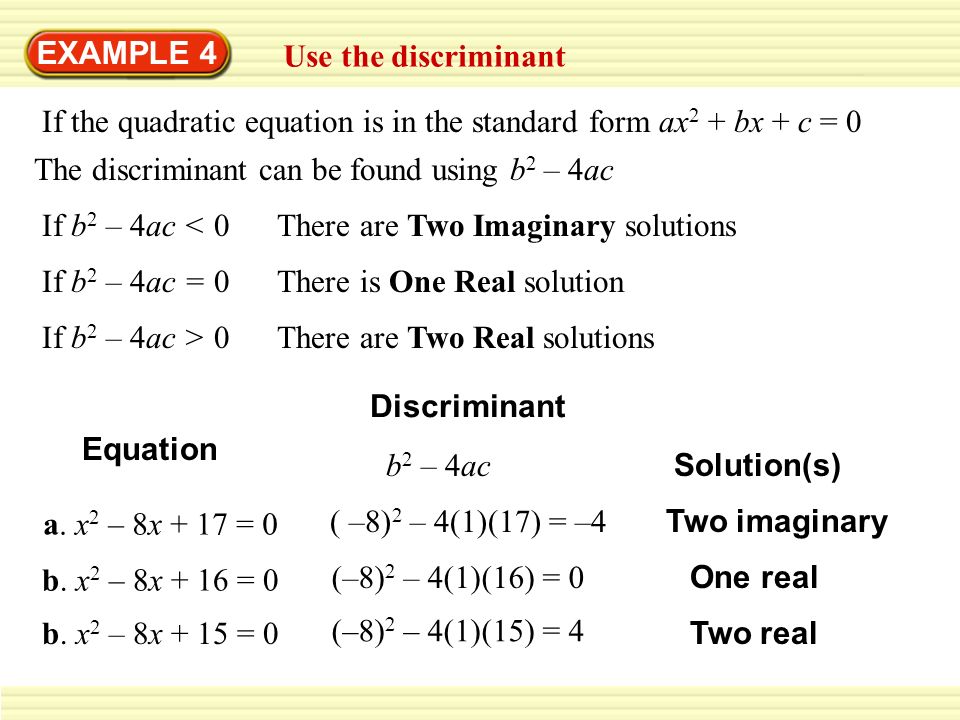 EXAMPLE 4 Use the discriminant. If the quadratic equation is in the standard form ax2 + bx + c = 0.