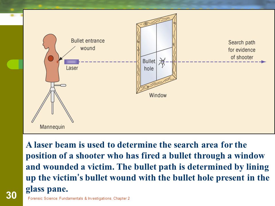 A laser beam is used to determine the search area for the position of a shooter who has fired a bullet through a window and wounded a victim. The bullet path is determined by lining up the victim’s bullet wound with the bullet hole present in the glass pane.
