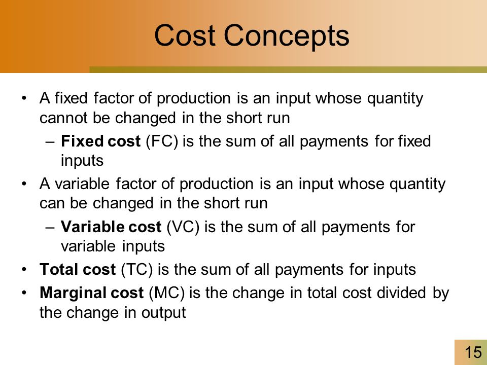 Cost Concepts A fixed factor of production is an input whose quantity cannot be changed in the short run.