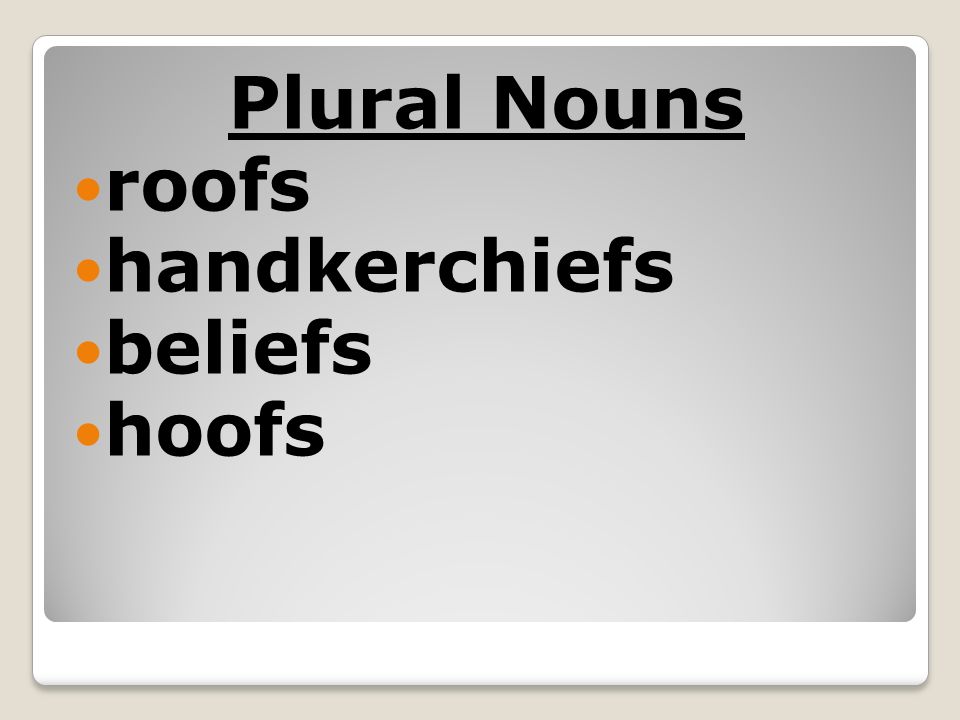 Plural Nouns roofs handkerchiefs beliefs hoofs