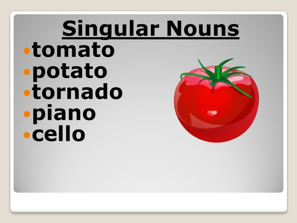 Singular Nouns tomato potato tornado piano cello