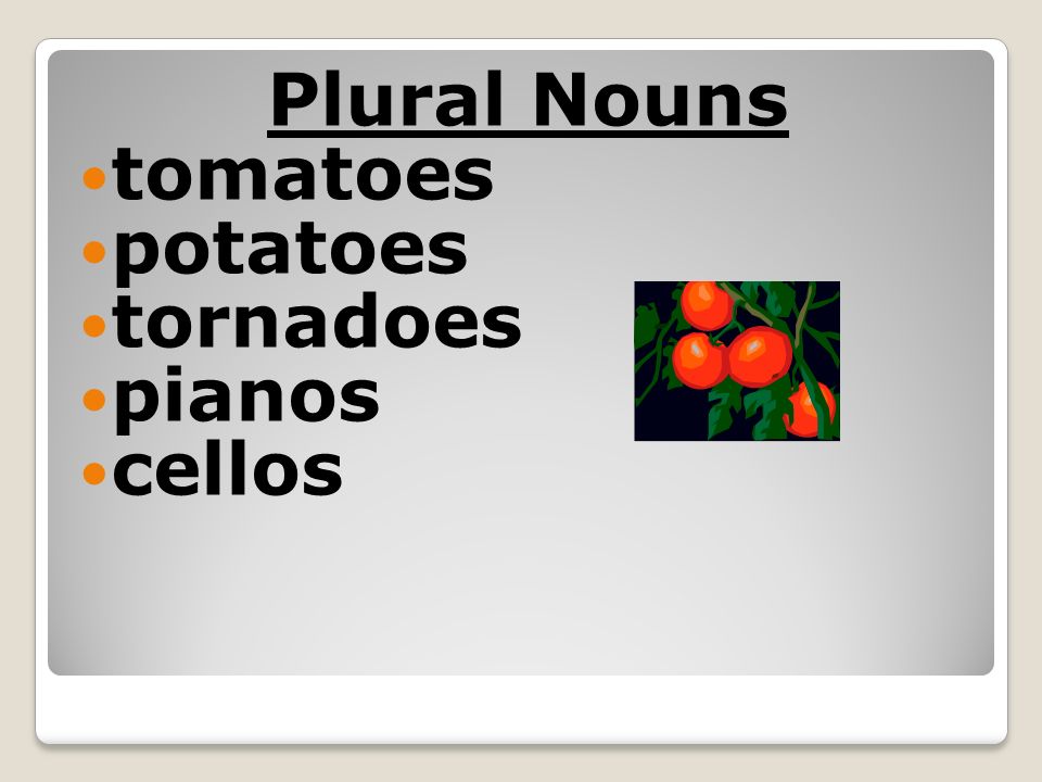 Plural Nouns tomatoes potatoes tornadoes pianos cellos