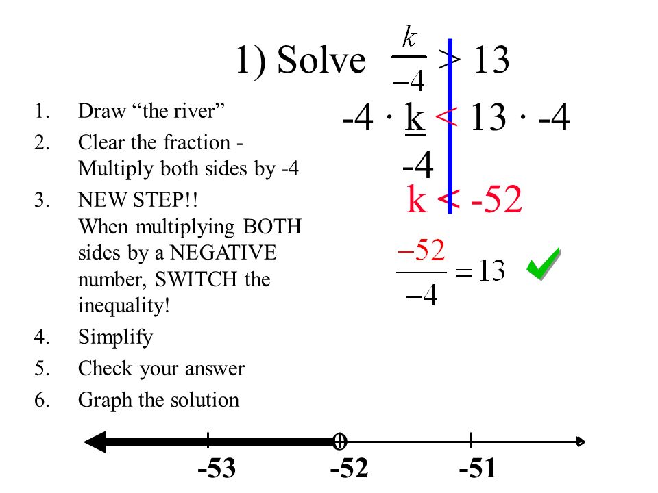 1) Solve > · k < 13 · k < -52 o