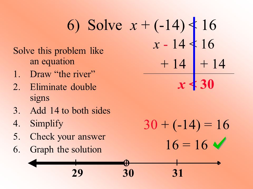 6) Solve x + (-14) < 16 x - 14 < x < 30