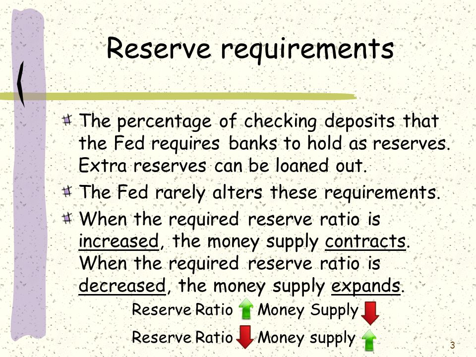 Reserve requirements The percentage of checking deposits that the Fed requires banks to hold as reserves. Extra reserves can be loaned out.