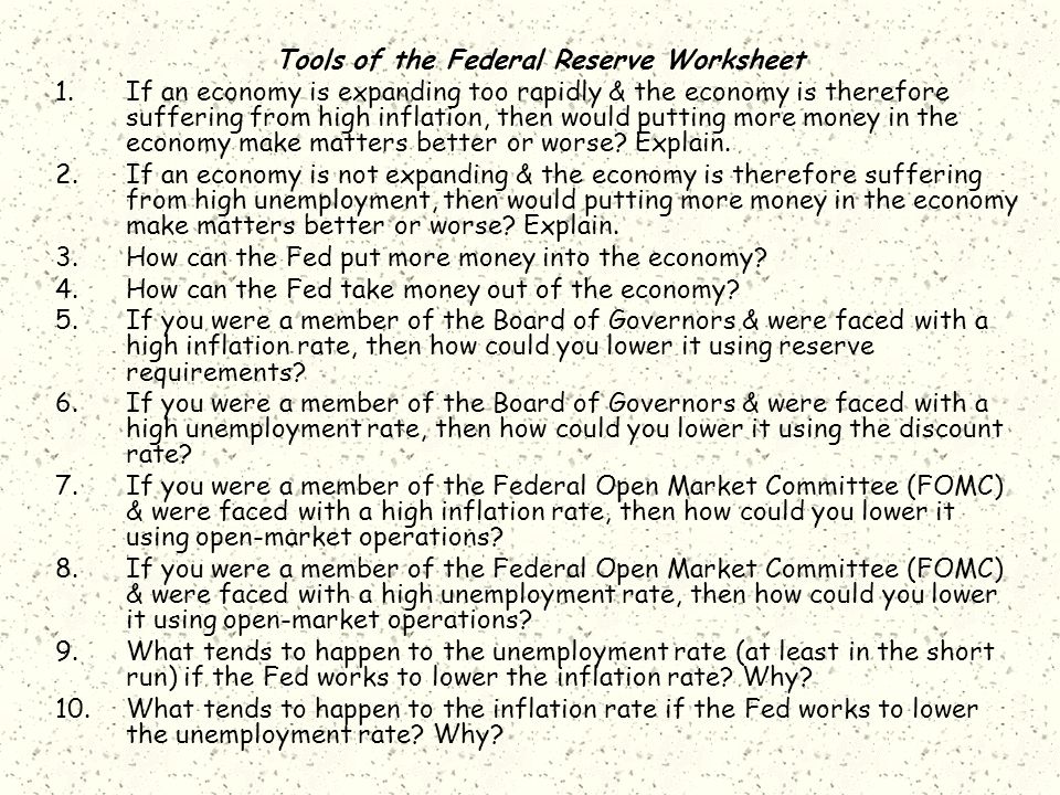 Tools of the Federal Reserve Worksheet