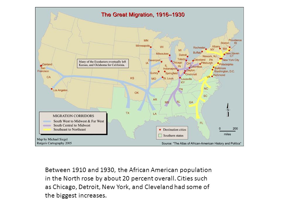 Between 1910 and 1930, the African American population in the North rose by about 20 percent overall.